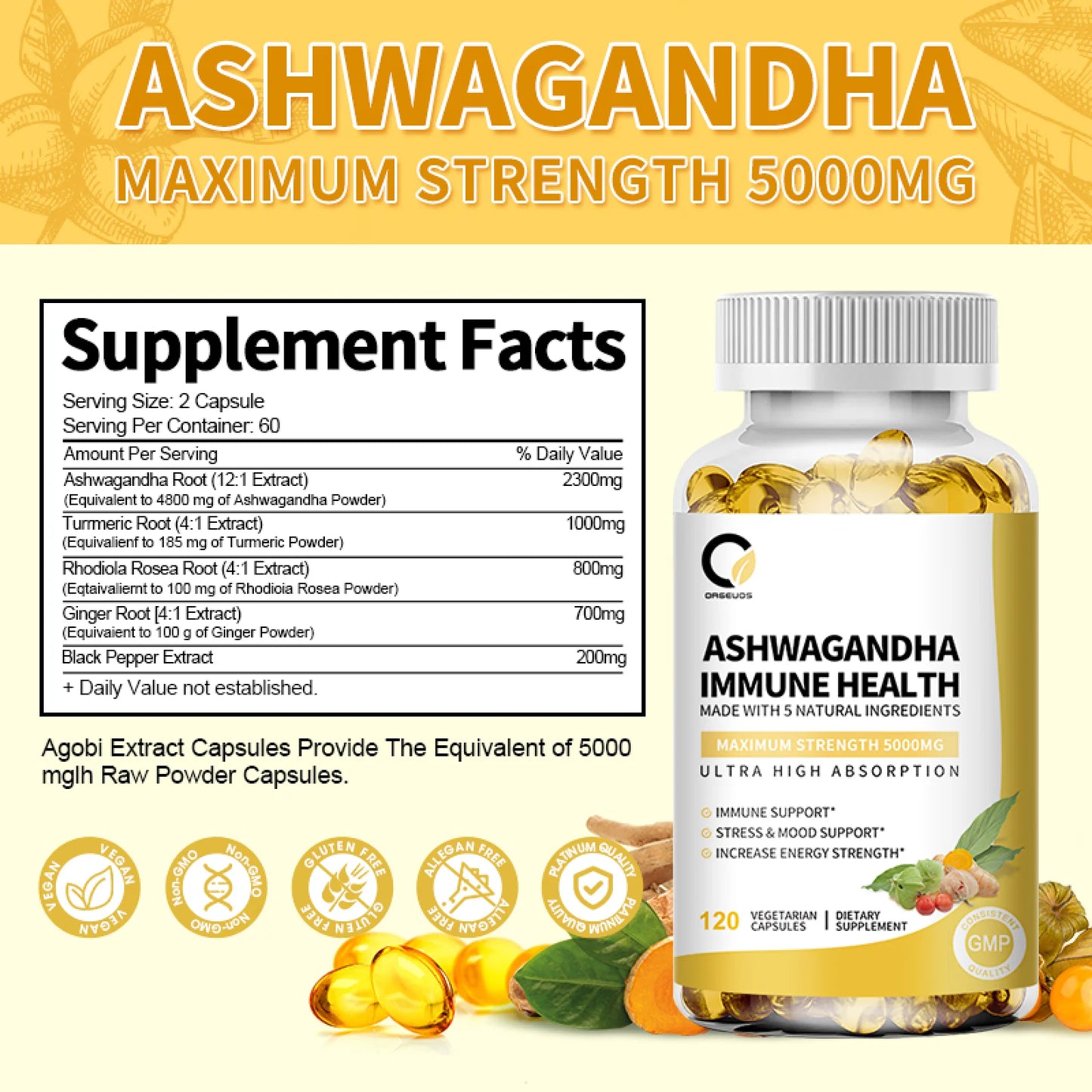 Ashwagandha Capsules 5000Mg - Ashwagandha Extract Root Long-Lasting and High Absorption Capsules for Men and Women - 120ct