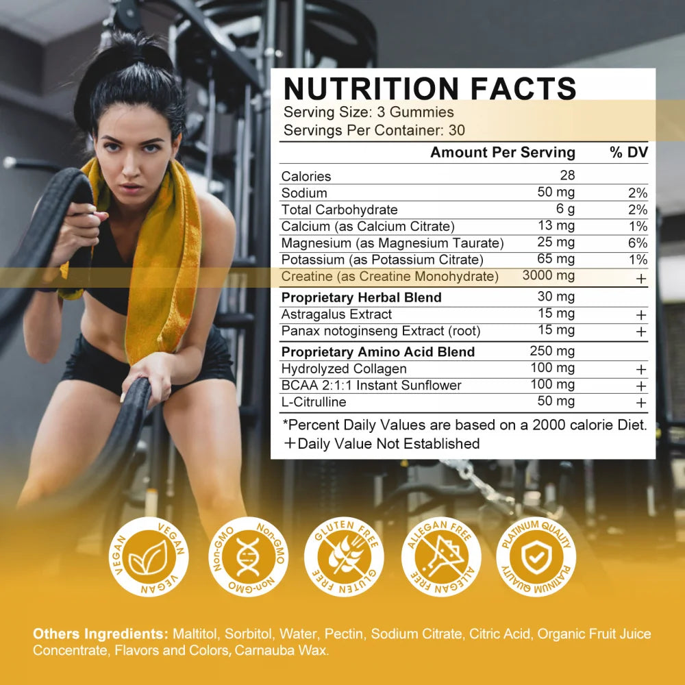 Creatine Monohydrate Gummies for Men & Women, Chewables Creatine Monohydrate for Muscle Strength, Energy Boost, Pre-Workout Supplement-90 Pineapple Gummies
