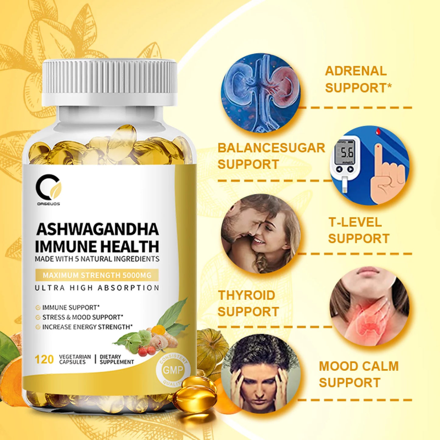 Ashwagandha Capsules 5000Mg - Ashwagandha Extract Root Long-Lasting and High Absorption Capsules for Men and Women - 120ct