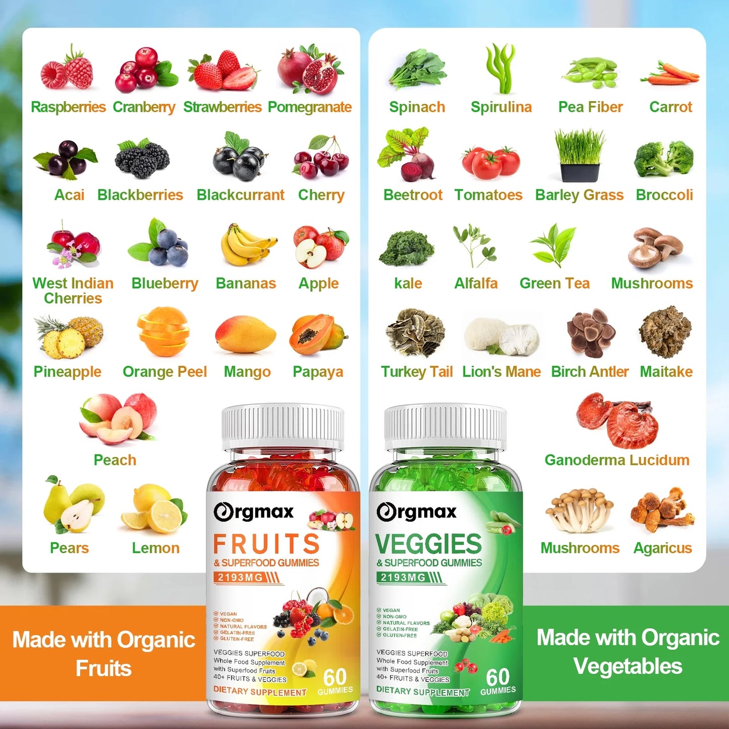 (2 Pack) Fruits and Veggies Supplement | Natural Mixed-flavor Fruit and Vegetable Gummies | Vitamins & Minerals, Vegetable Supplements | 60 Gummies