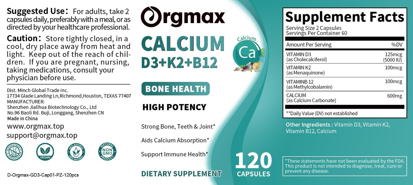 Vitamin D3+K2+B12 Supplement for Regulate Calcium Metabolism Bone Health & Mood Balance Supplement Immunity System