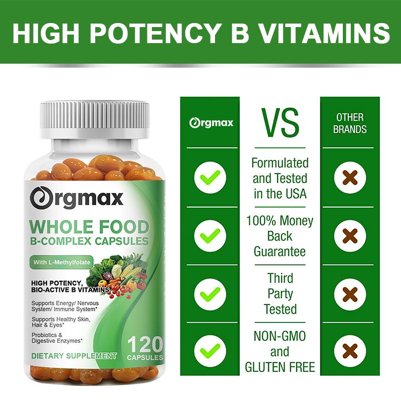 Orgmax Vitamin B Complex Capsules Whole Food Supplement B1, B2, B3, B5, B6, B7, B9, B12 for Stress, Energy and Immune Support