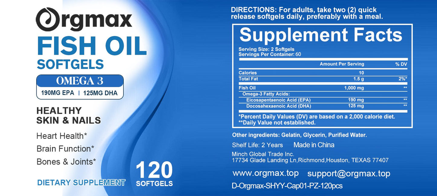 Fish Oil Omega 3 Supplement Rich in Vitamin E Supports Heart, Brain, Joints & Skin Care Improves Digestive Health Triple Strength 800mg 120 Softgels