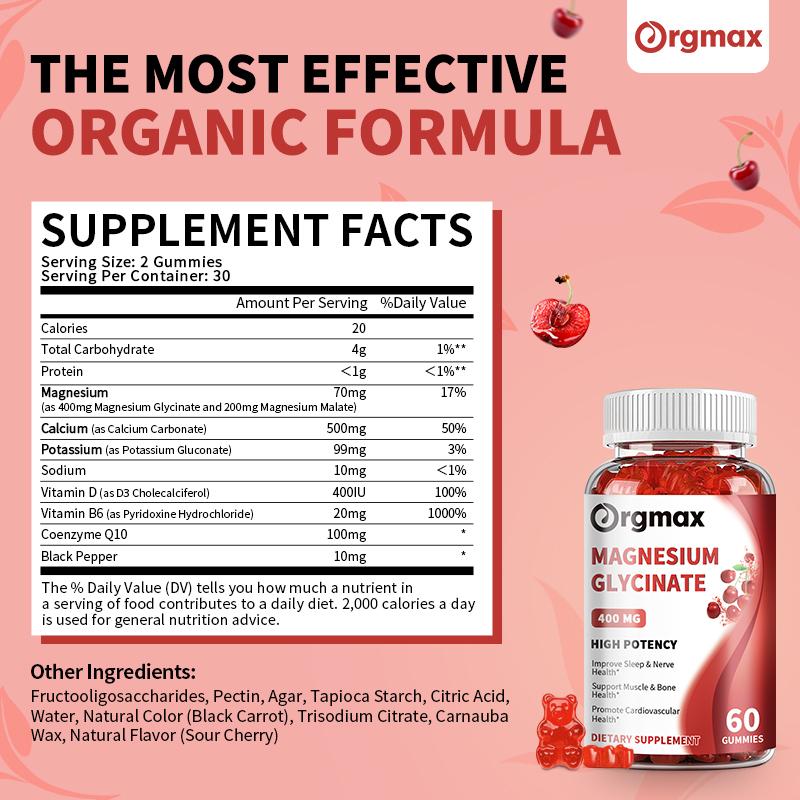 Orgmax Magnesium Glycinate Gummies Vitamin Calcium Pottasium Coenzyme Q10 60Pcs Sour Cherry Flavour Sleep Quality Supplement