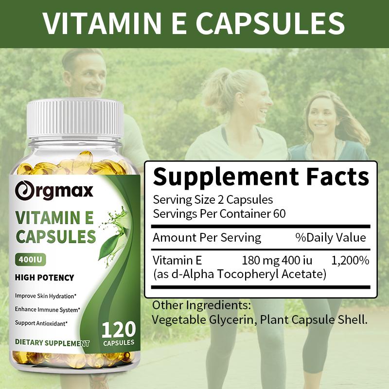 Orgmax Vitamin E 180 mg (400 IU), High Potency Vitamin Capsules, 120 Count