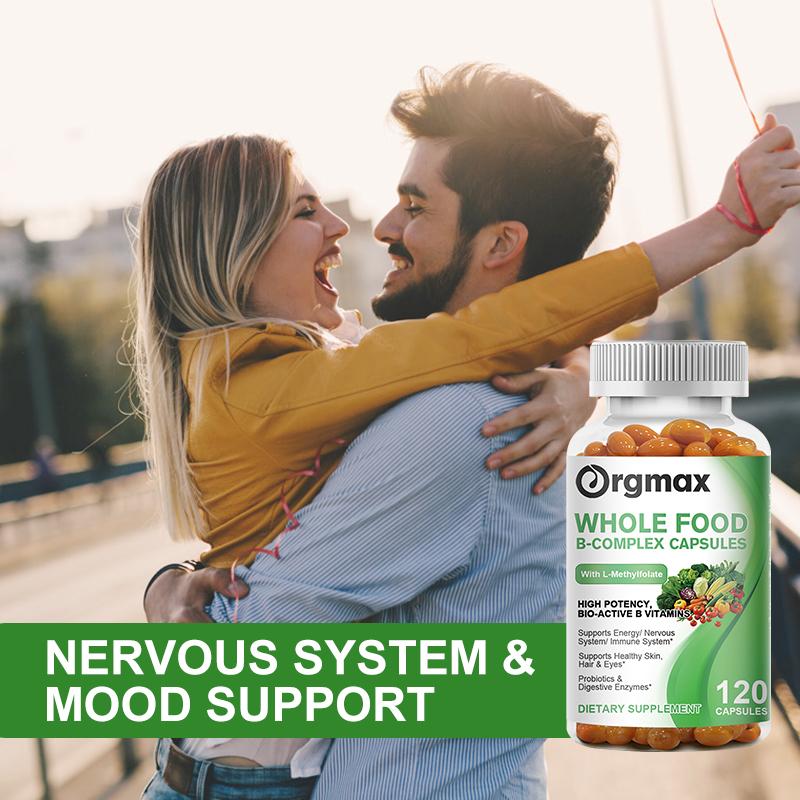 Orgmax Vitamin B Complex Capsules Whole Food Supplement B1, B2, B3, B5, B6, B7, B9, B12 for Stress, Energy and Immune Support