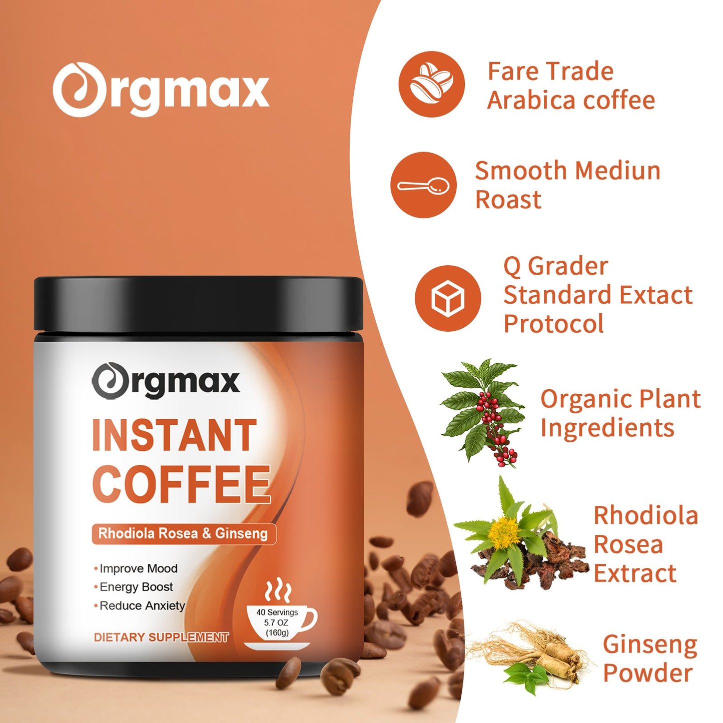 Orgmax Instant Coffee Rhodiola Rosea Dietary Supplement