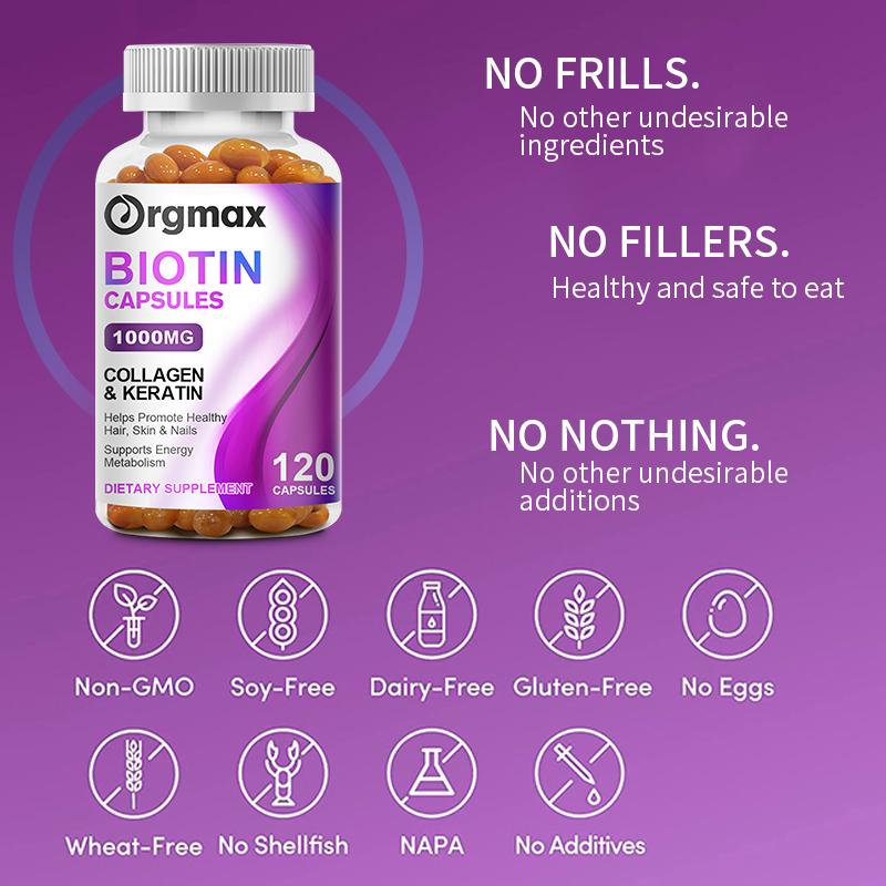 Orgmax Biotin Capsules Hair, Skin & Nails Supplement - Conditioned, Healthy Skin - Strong, Thick, Shiny Hair & Nails - Non-GMO Formula
