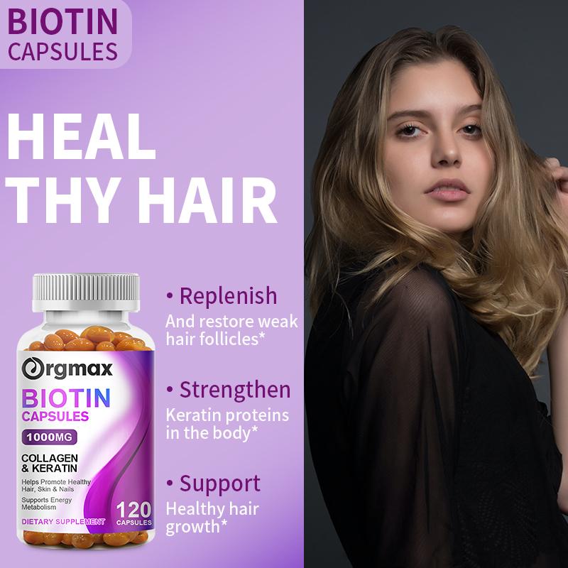 Orgmax Biotin Capsules Hair, Skin & Nails Supplement - Conditioned, Healthy Skin - Strong, Thick, Shiny Hair & Nails - Non-GMO Formula