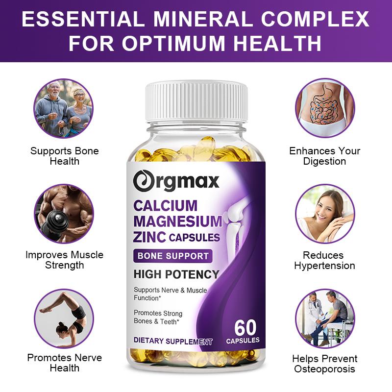 Orgmax Calcium Magnesium Zinc Capsules Promotes Strong Bones Teeth Supports Nerve & MuscleFunction Supplement Multi-Nutrients Enhance Immunity
