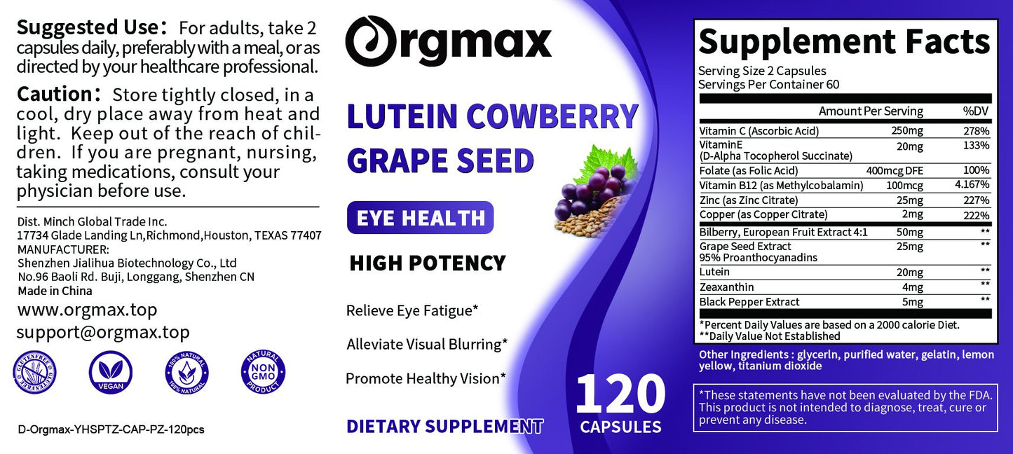 Orgmax Lutein Cowberry Grape Seed Eye Health Dietary Supplement