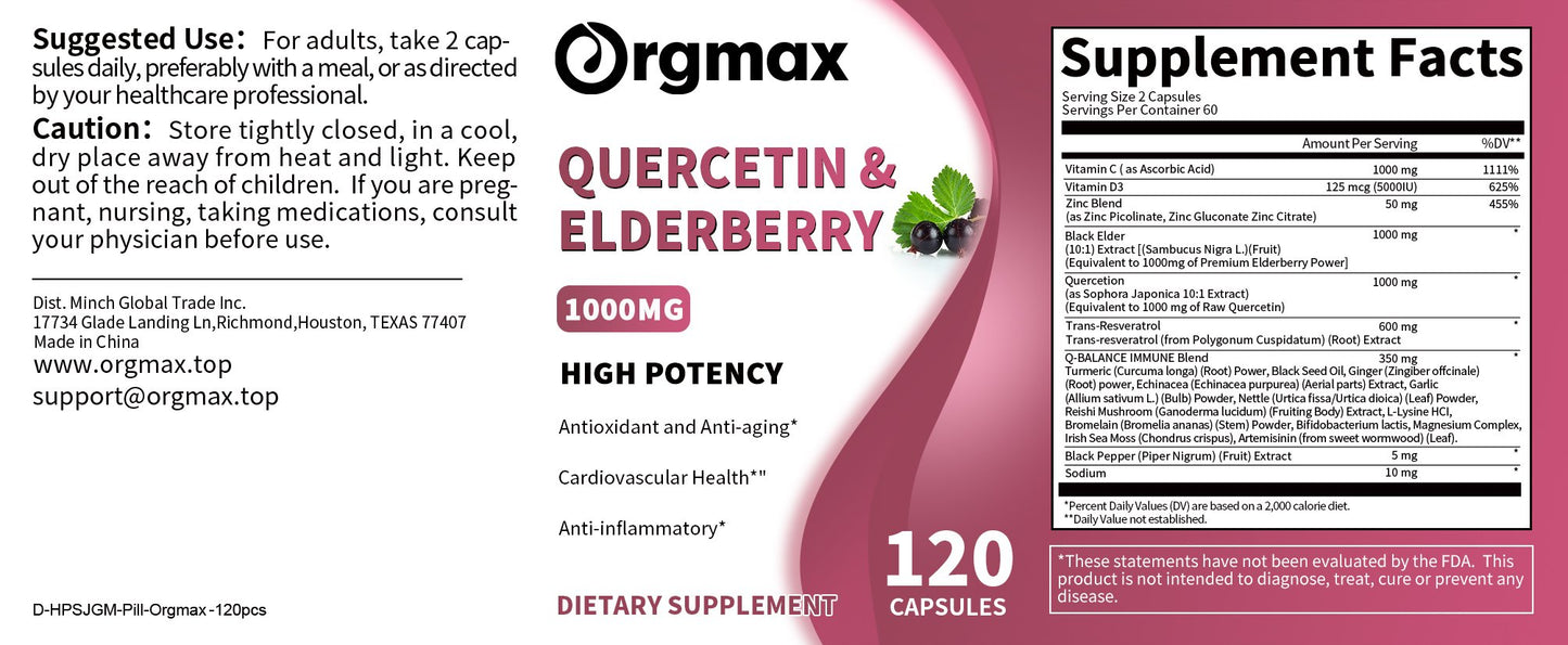 Quercetin Elderberry 1000MG High Potency Capsules Dietary Supplement
