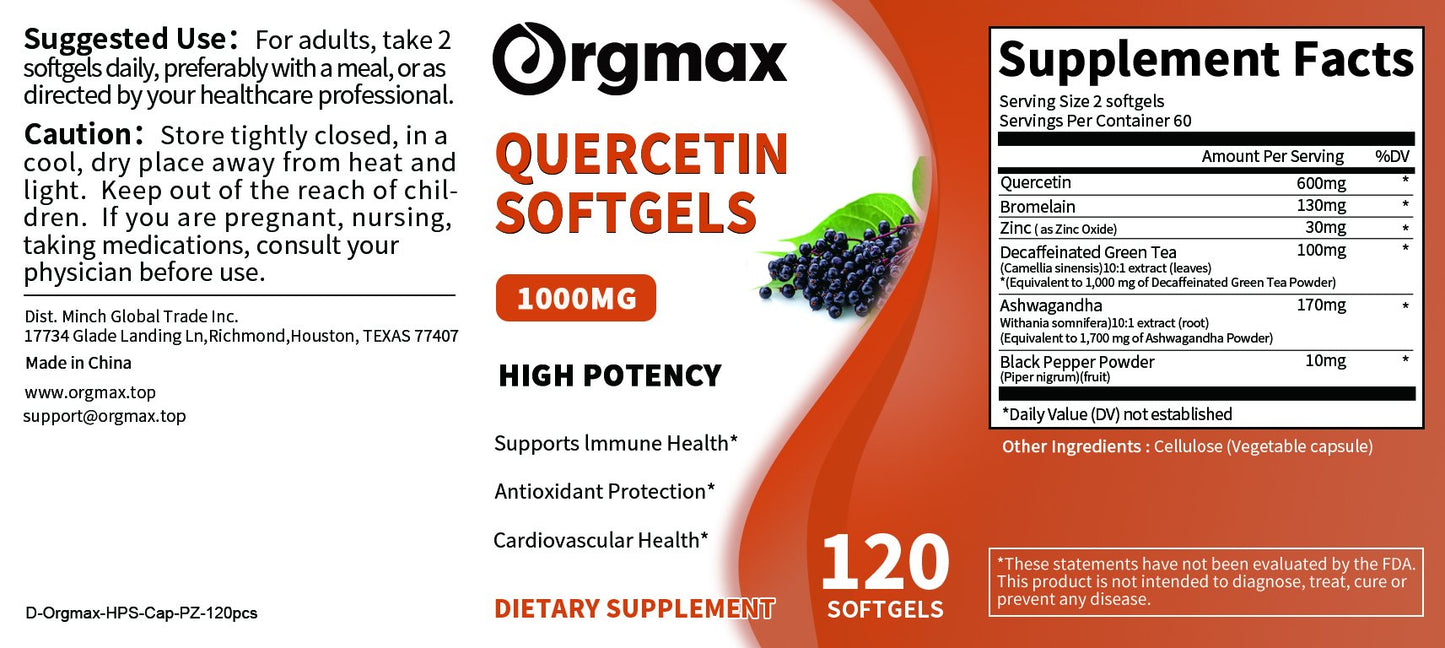 Orgmax Quercetin Capsules, Dietary Supplement, Antioxidant Support for Cardiovascular and Immune Health