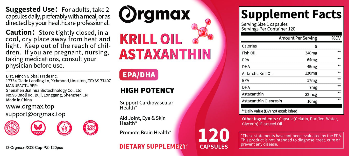 Orgmax Krill Oil Astaxanthin EPA DHA Capsules Dietary Supplement