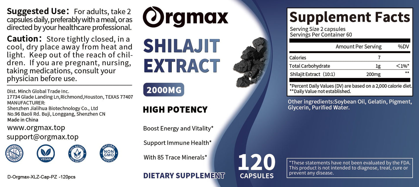 Orgmax Shilajit Extract 2000MG Capsules Dietary Supplement