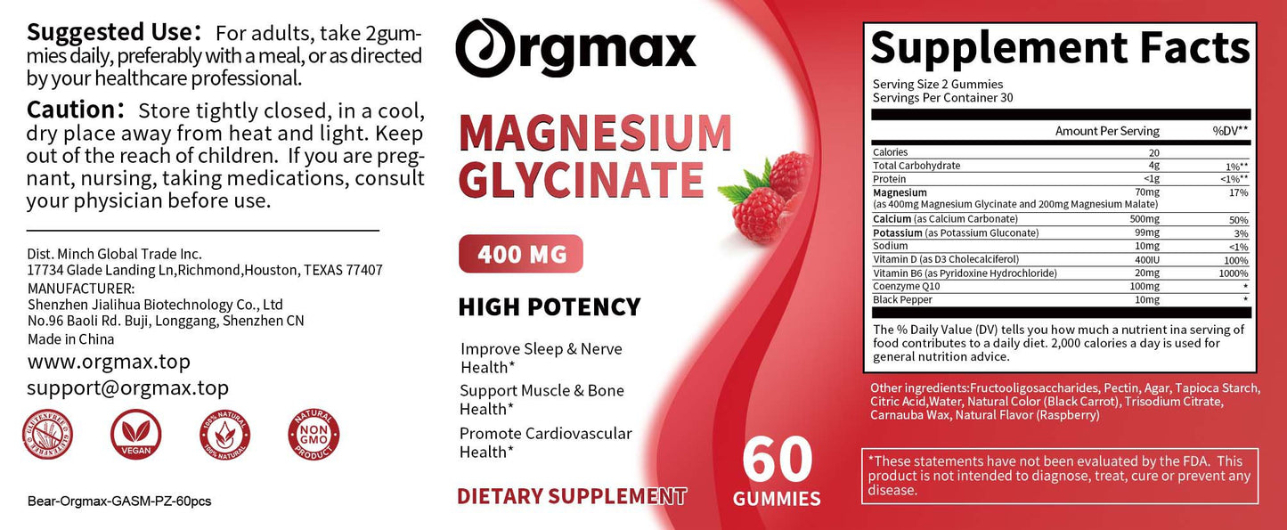 Orgmax Magnesium Glycinate Gummies Vitamin Calcium Pottasium Coenzyme Q10 60Pcs Sour Cherry Flavour Sleep Quality Supplement