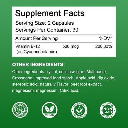 Orgmax Vitamin B12 Capsules 500mcg Natural Energy B12 and High Potency, 120 Capsules