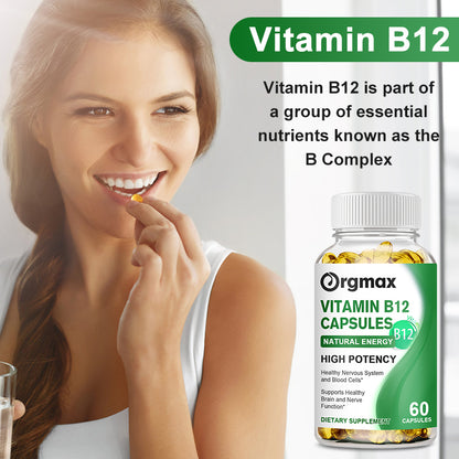Orgmax Vitamin B12 Capsules 500mcg Natural Energy B12 and High Potency, 120 Capsules