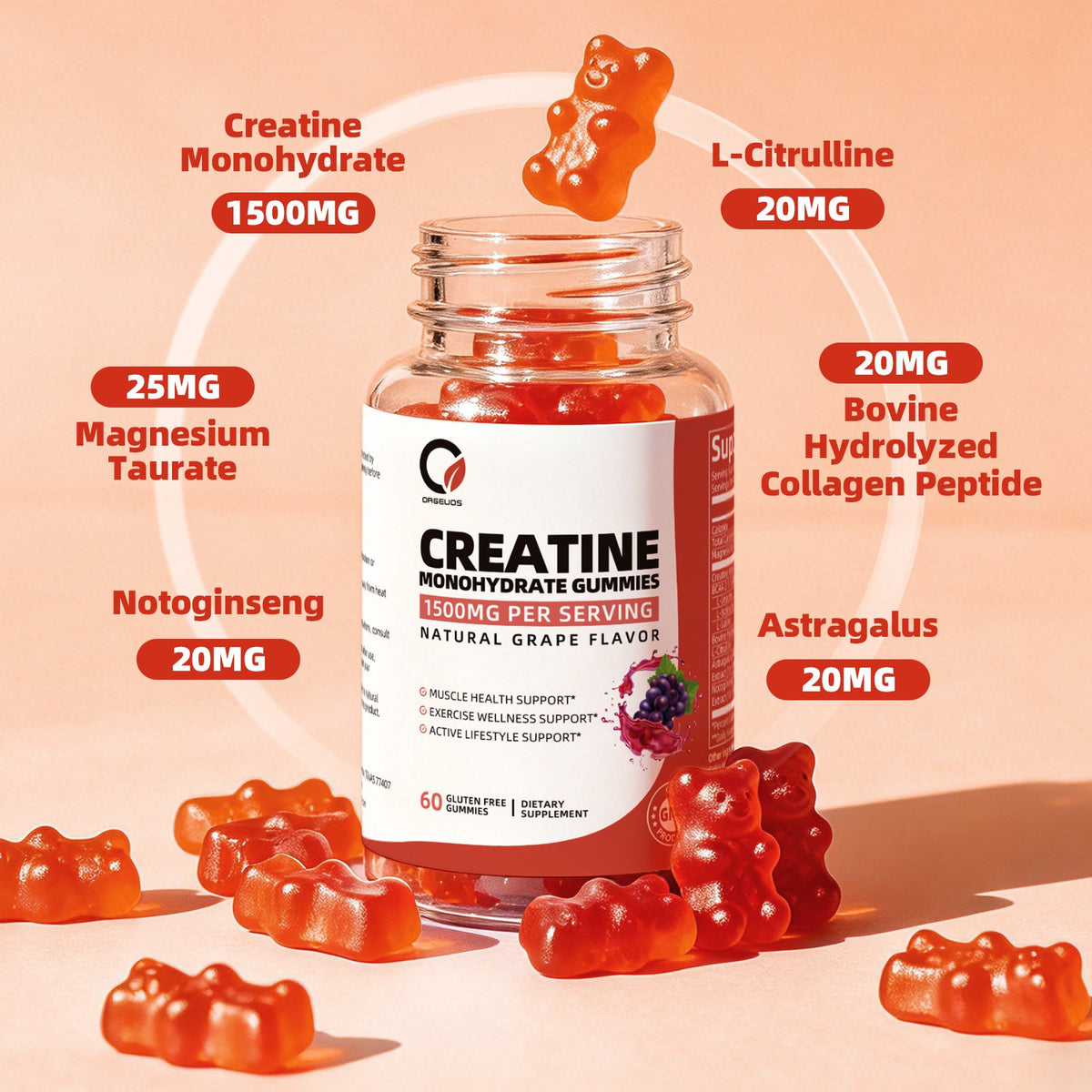 (2 Pack)Creatine Monohydrate Gummies for Women & Men, Boost Focus, Strength, and Endurance, Gluten-Free, Non-GMO, 4 Grams of Creatine per Serving