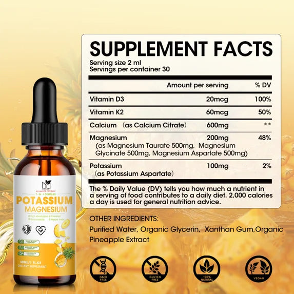 Potassium Magnesium Supplement Liquid - High Absorption Magnesium Complex 200mg & Potassium 100mg Plus Calcium, Vitamin D3,K2 for Bone & Energy & Immune Support - 1 fl oz