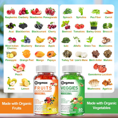(2 Pack) Fruits and Veggies Supplement | Natural Mixed-flavor Fruit and Vegetable Gummies | Vitamins & Minerals, Vegetable Supplements | 60 Gummies