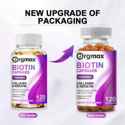 Orgmax Biotin Capsules Hair, Skin & Nails Supplement - Conditioned, Healthy Skin - Strong, Thick, Shiny Hair & Nails - Non-GMO Formula