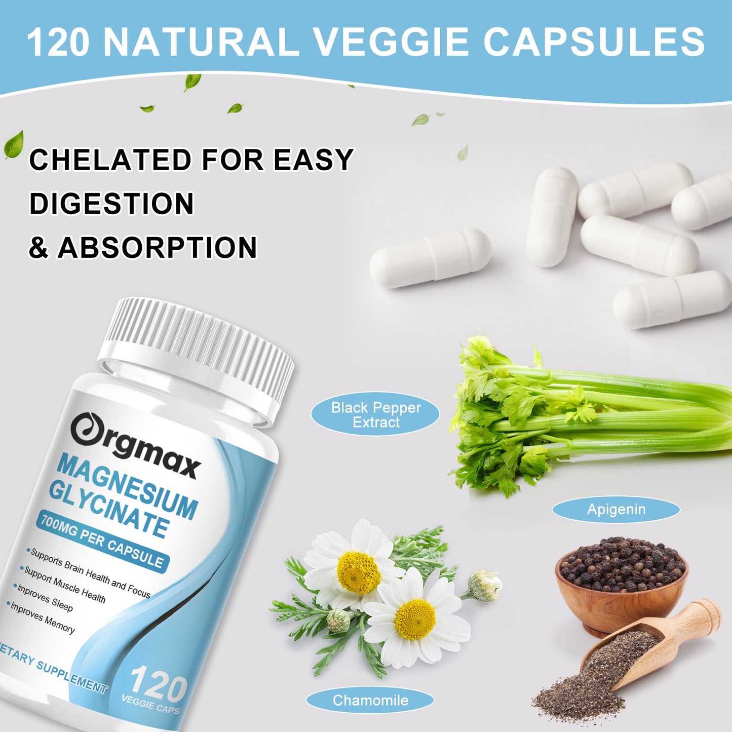 Orgmax Magnesium Glycinate capsule Magnesium Nutrition Diet Supplement Memory weak Bone joint Health Sleep Quality Muscle cramps