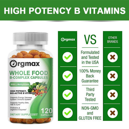 Orgmax Vitamin B Complex Capsules Whole Food Supplement B1, B2, B3, B5, B6, B7, B9, B12 for Stress, Energy and Immune Support