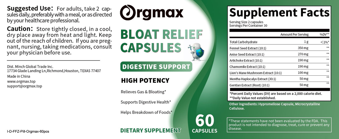 Orgmax Bloating Relief Capsules Helps Relieve Occasional Gas & Bloating After Meals, Post-Meal Comfort Support, Fennel Seeds Extract