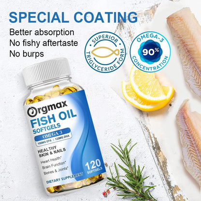 Fish Oil Omega 3 Supplement Rich in Vitamin E Supports Heart, Brain, Joints & Skin Care Improves Digestive Health Triple Strength 800mg 120 Softgels
