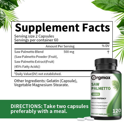 Orgmax Saw Palmetto capsules Boosts Nitric Oxide Energy Stamina Hormones Balance Hair Thinning Relief Skin Beauty Health