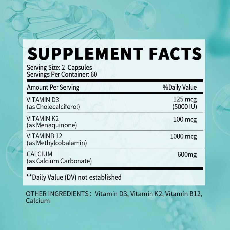 Vitamin D3+K2+B12 Supplement for Regulate Calcium Metabolism Bone Health & Mood Balance Supplement Immunity System