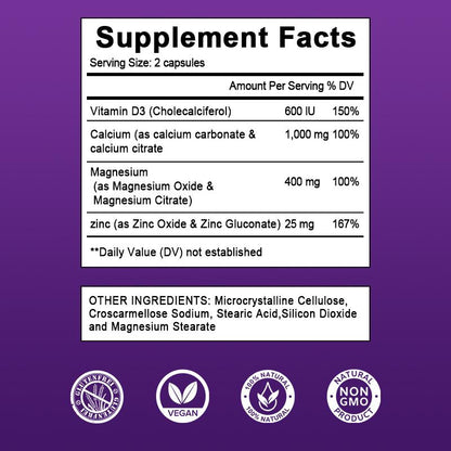 Orgmax Calcium Magnesium Zinc Capsules Promotes Strong Bones Teeth Supports Nerve & MuscleFunction Supplement Multi-Nutrients Enhance Immunity 2 Pack