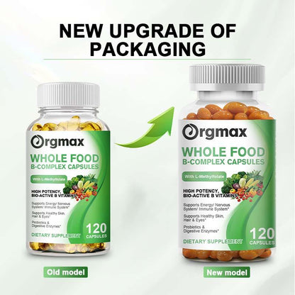 Orgmax Vitamin B Complex Capsules Whole Food Supplement B1, B2, B3, B5, B6, B7, B9, B12 for Stress, Energy and Immune Support