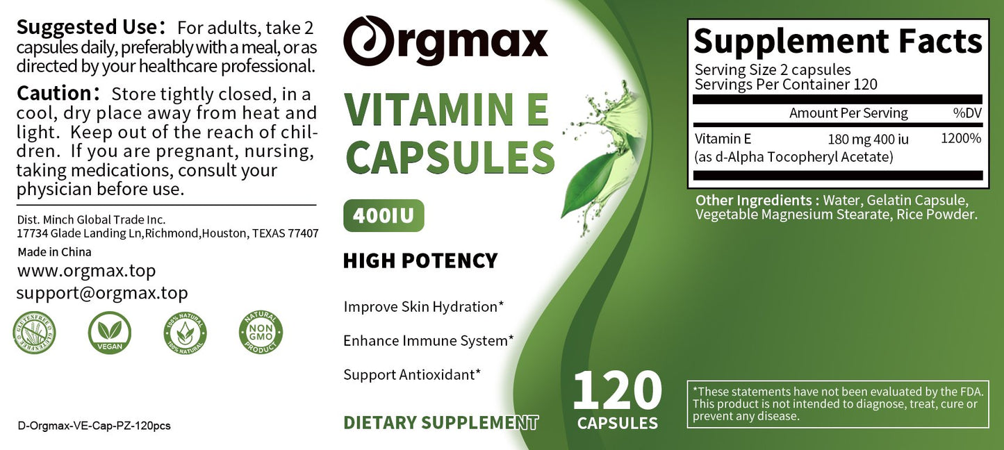 Orgmax Vitamin E 180 mg (400 IU), High Potency Vitamin Capsules, 120 Count