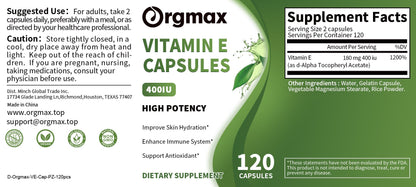 Orgmax Vitamin E 180 mg (400 IU), High Potency Vitamin Capsules, 120 Count