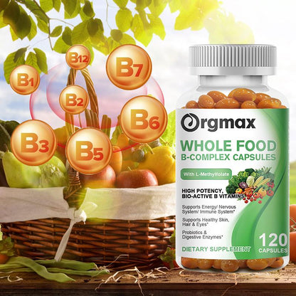 Orgmax Vitamin B Complex Capsules Whole Food Supplement B1, B2, B3, B5, B6, B7, B9, B12 for Stress, Energy and Immune Support