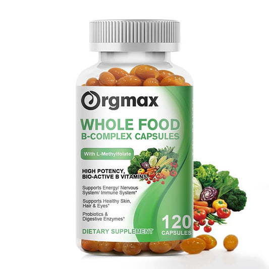 Orgmax Vitamin B Complex Capsules Whole Food Supplement B1, B2, B3, B5, B6, B7, B9, B12 for Stress, Energy and Immune Support