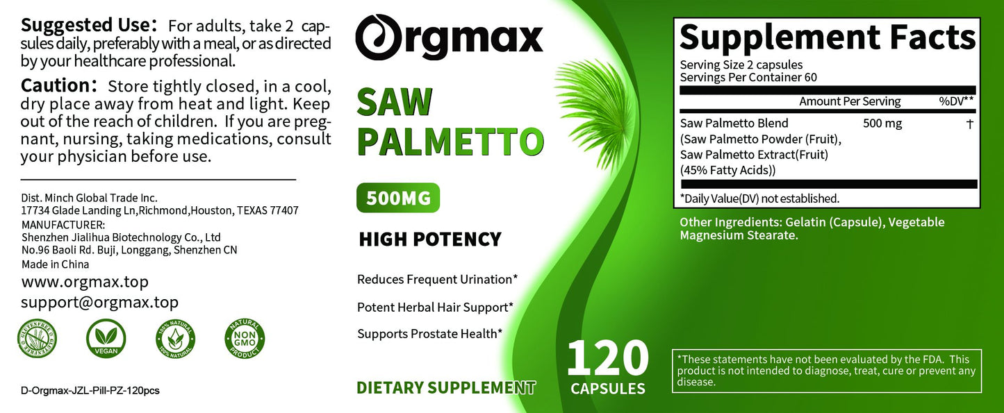 Orgmax Saw Palmetto capsules Boosts Nitric Oxide Energy Stamina Hormones Balance Hair Thinning Relief Skin Beauty Health
