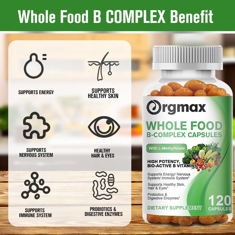 Orgmax Vitamin B Complex Capsules Whole Food Supplement B1, B2, B3, B5, B6, B7, B9, B12 for Stress, Energy and Immune Support
