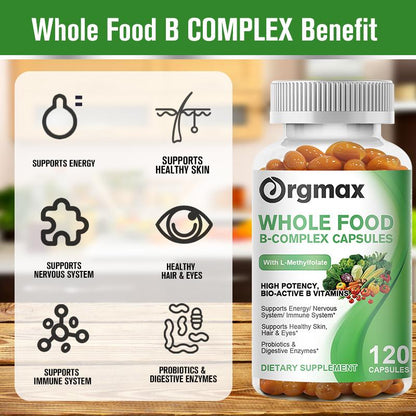 Orgmax Vitamin B Complex Capsules Whole Food Supplement B1, B2, B3, B5, B6, B7, B9, B12 for Stress, Energy and Immune Support